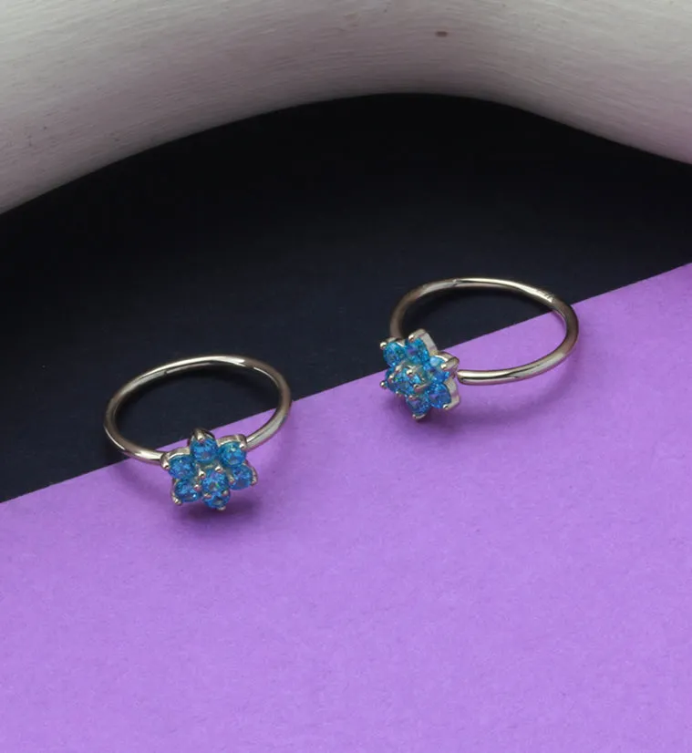 14kt Gold Aqua CZ Gem Flower Hoop Ring