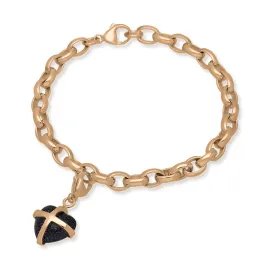 18ct Rose Gold Whitby Jet Small Cross Heart Charm Bracelet