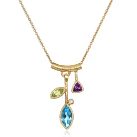 3 Stone Petal Pendant Blue Topaz - 14k Gold with White Diamond, Small