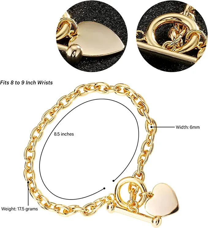 6mm Gold Filled Toggle Heart Bracelet Oval Links T-bar 8 Inch