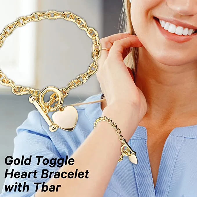 6mm Gold Filled Toggle Heart Bracelet Oval Links T-bar 8 Inch