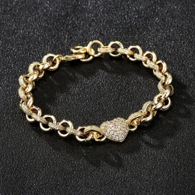 8mm Gold Filled Crystal Heart Charm Belcher Bracelet 7/7.5 Inch