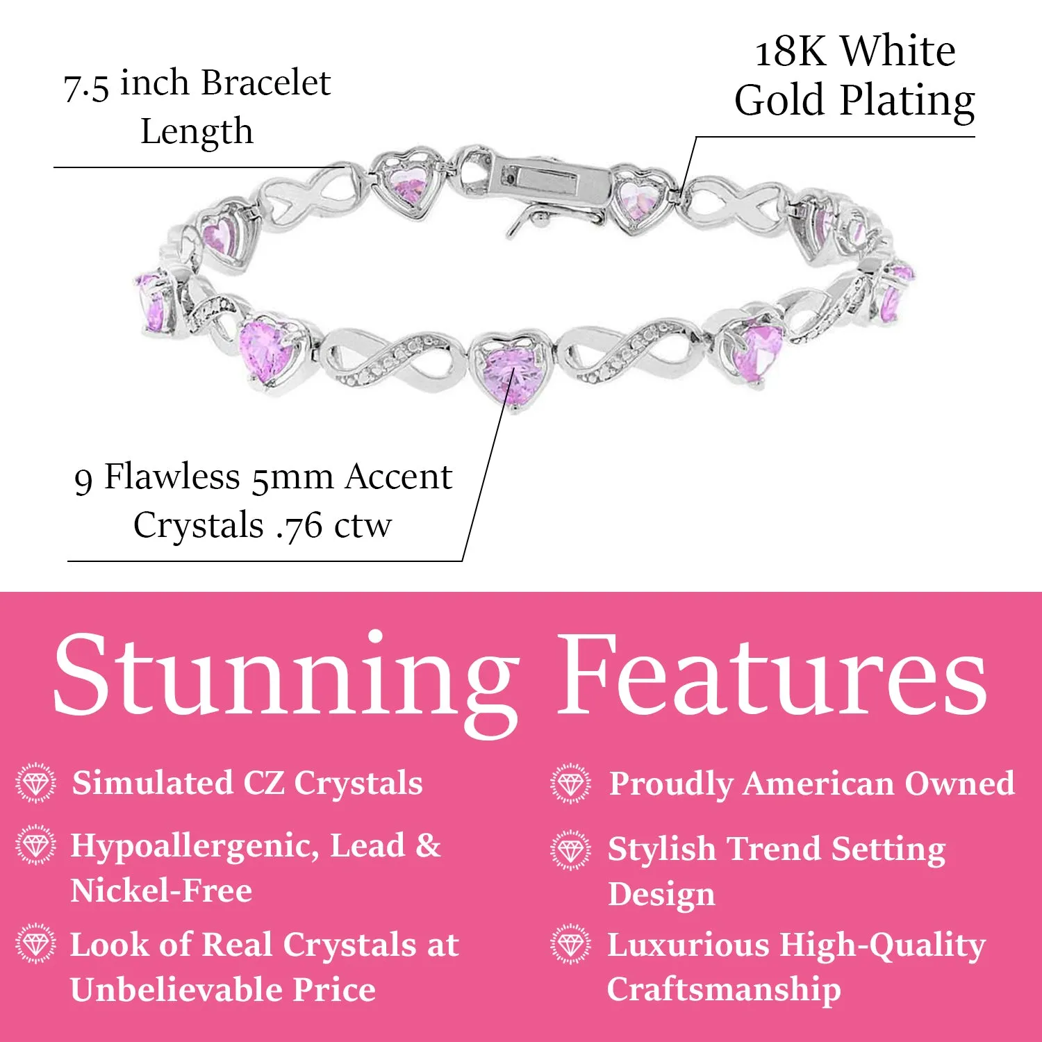 Amanda 18k White Gold Plated Infinity Heart Tennis Bracelet with CZ Crystals