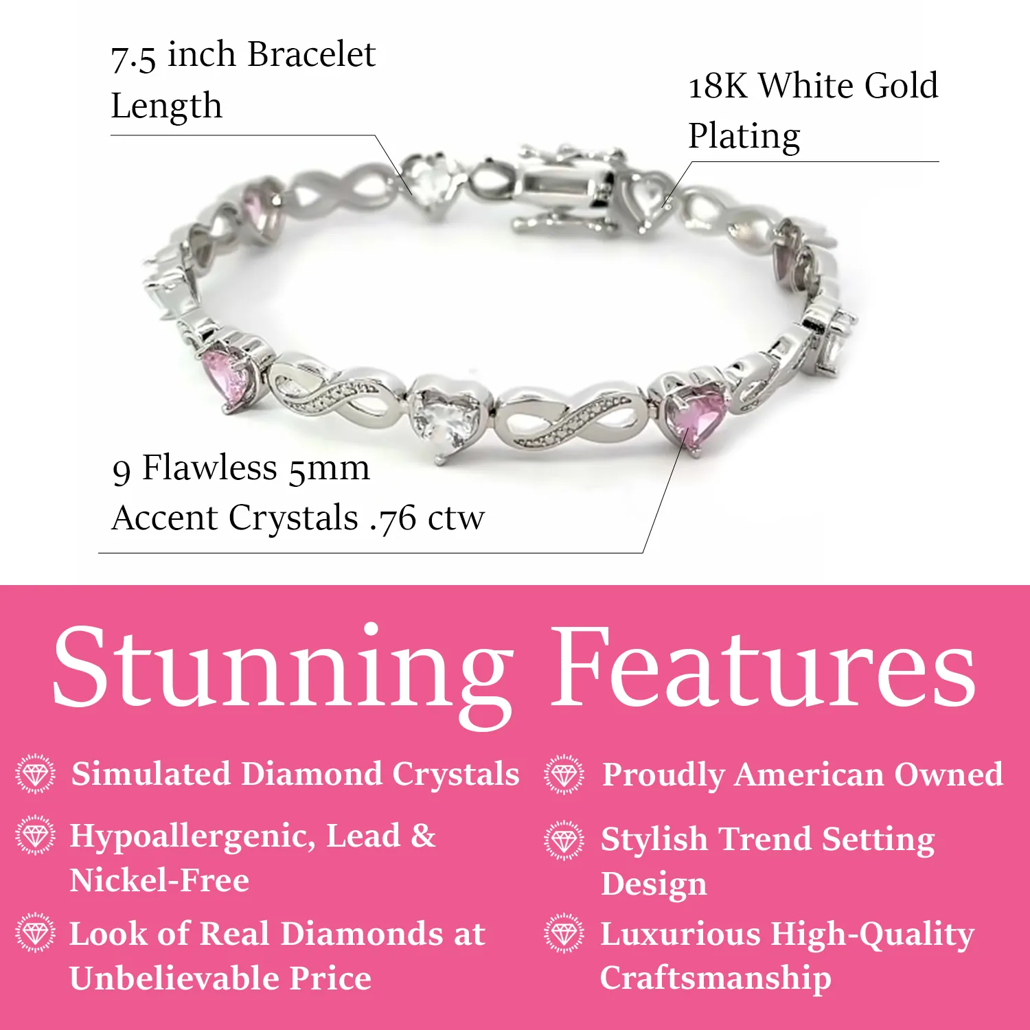 Amanda 18k White Gold Plated Infinity Heart Tennis Bracelet with CZ Crystals