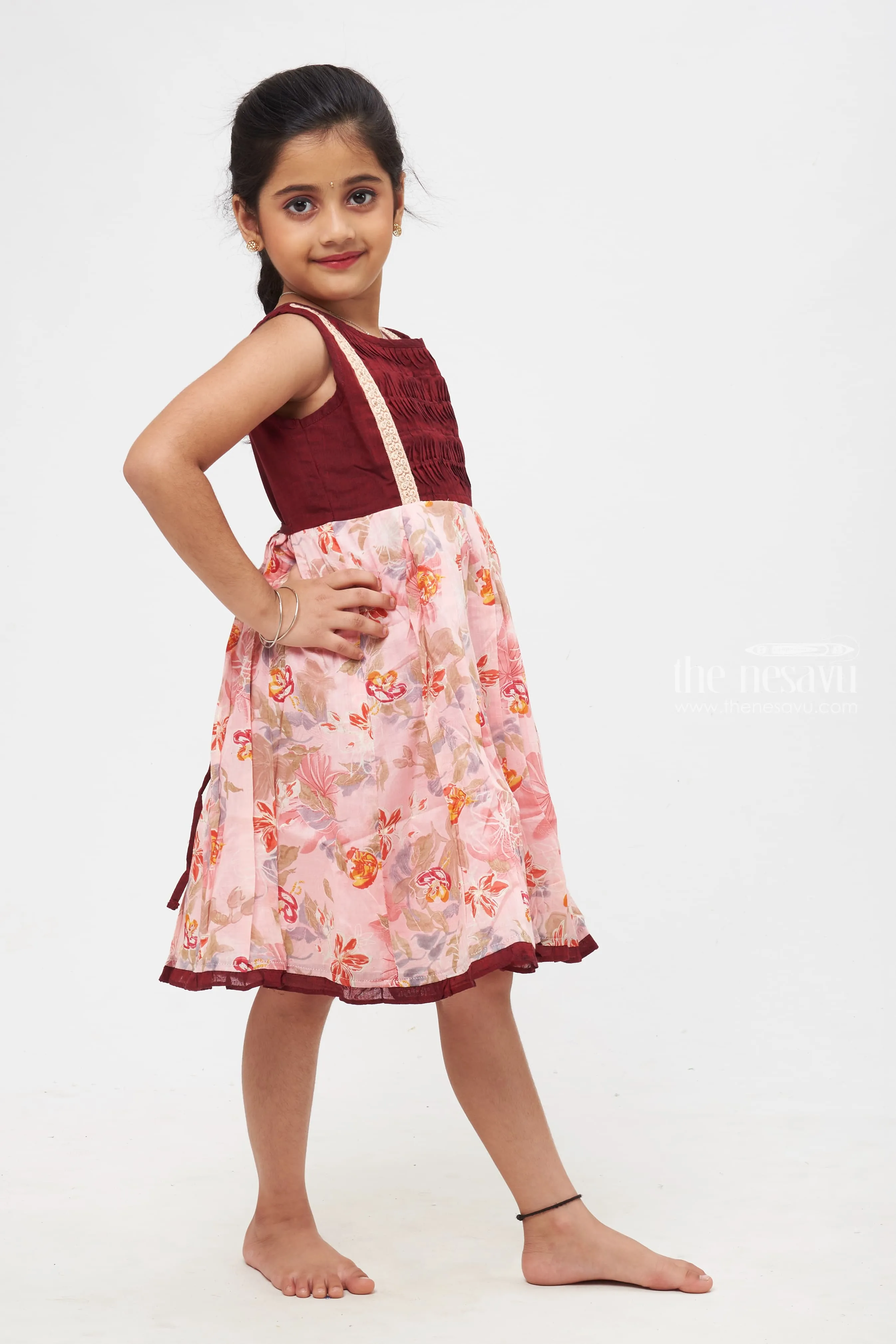 Blossom Bliss Maroon and Pink Floral Dress with Delicate Lace