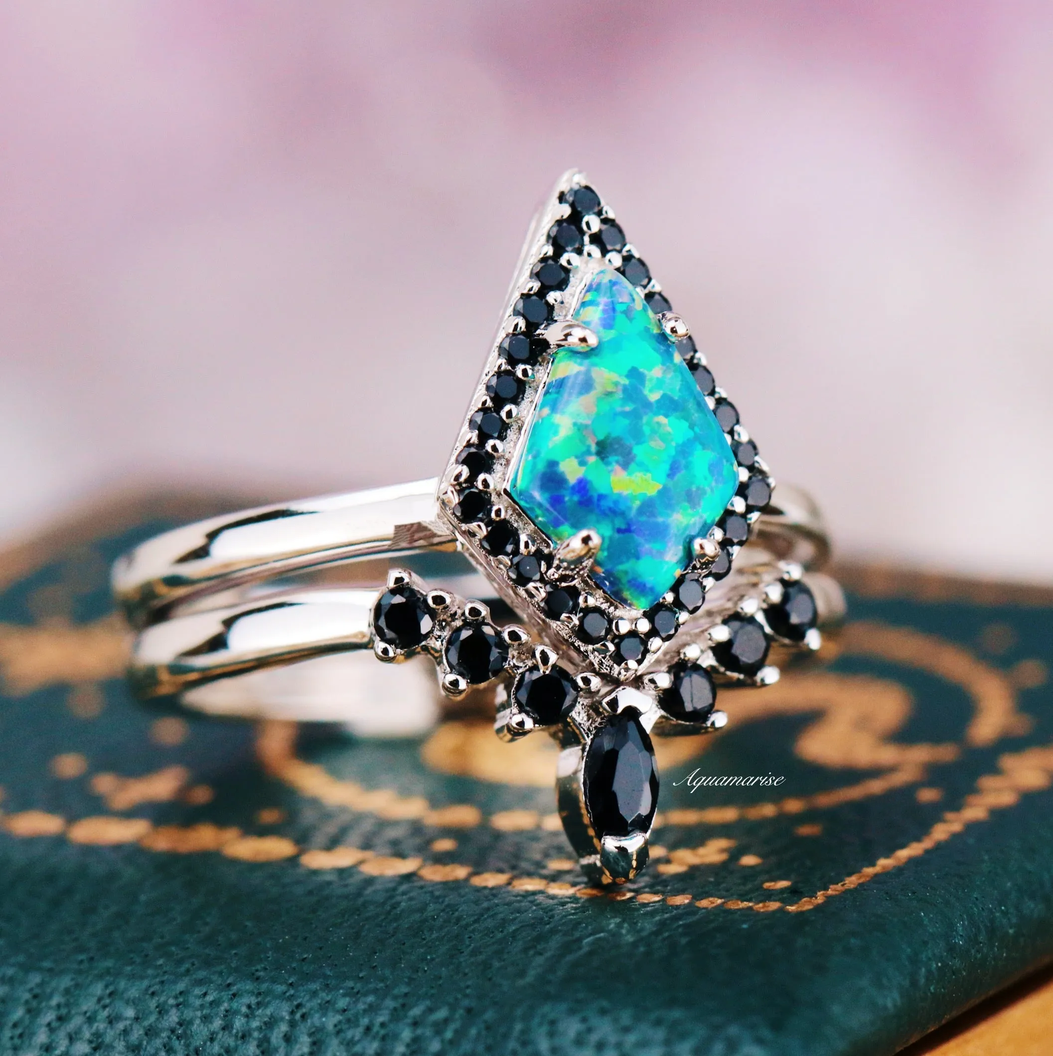 Blue/ Green Fire Opal & Black Onyx Kite Ring Set- 925 Sterling Silver