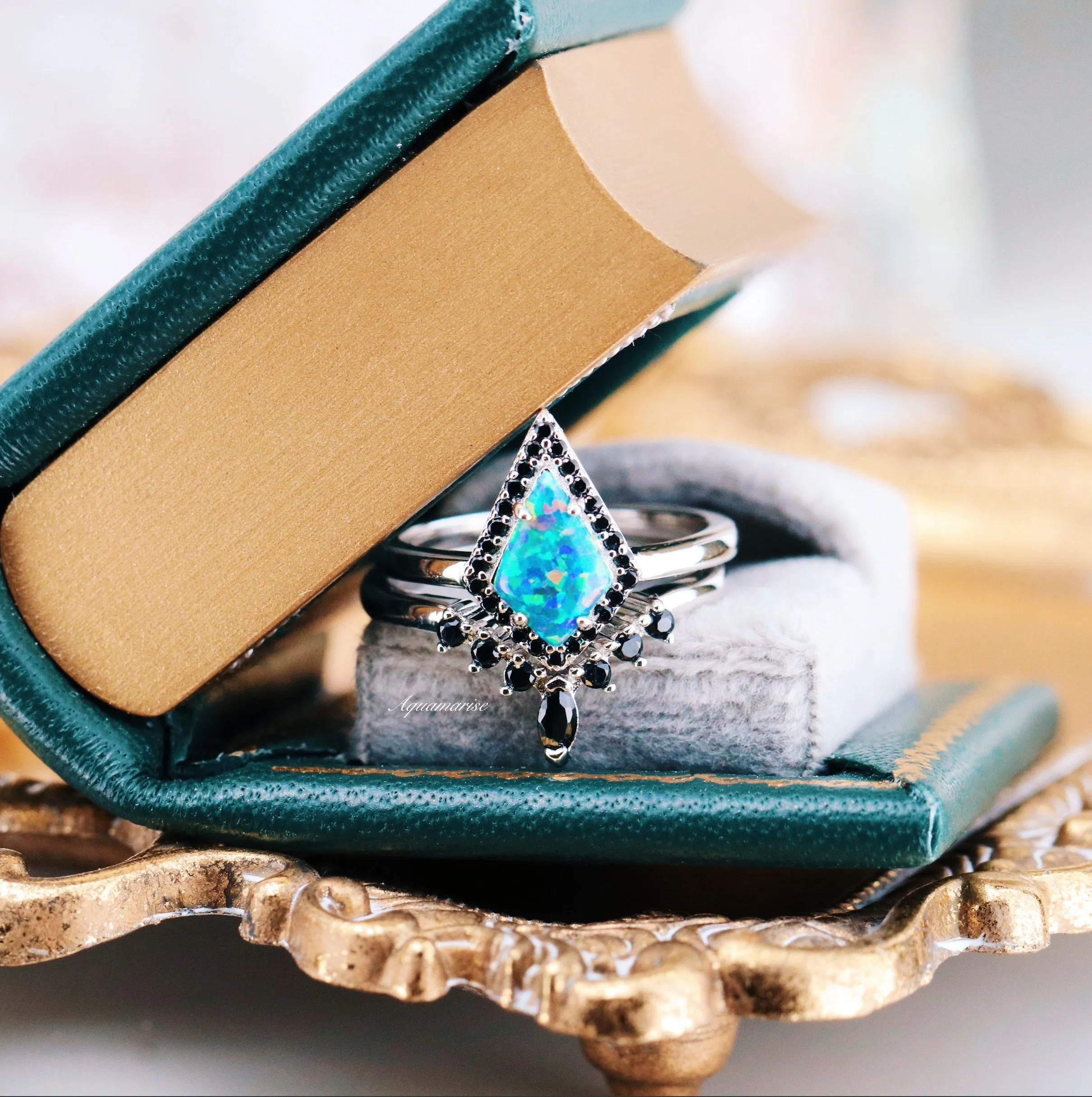 Blue/ Green Fire Opal & Black Onyx Kite Ring Set- 925 Sterling Silver