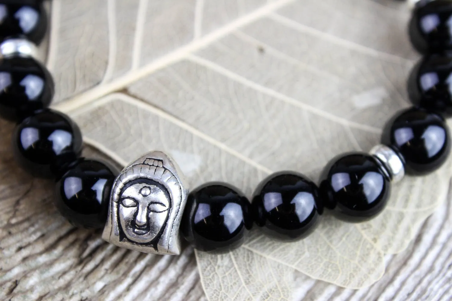 Bold Onyx Bracelet with Sterling Silver Buddha