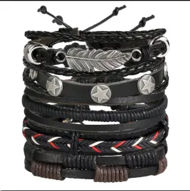 Braided Vegan Leather Owl Leaf Bracelet Set - Unisex