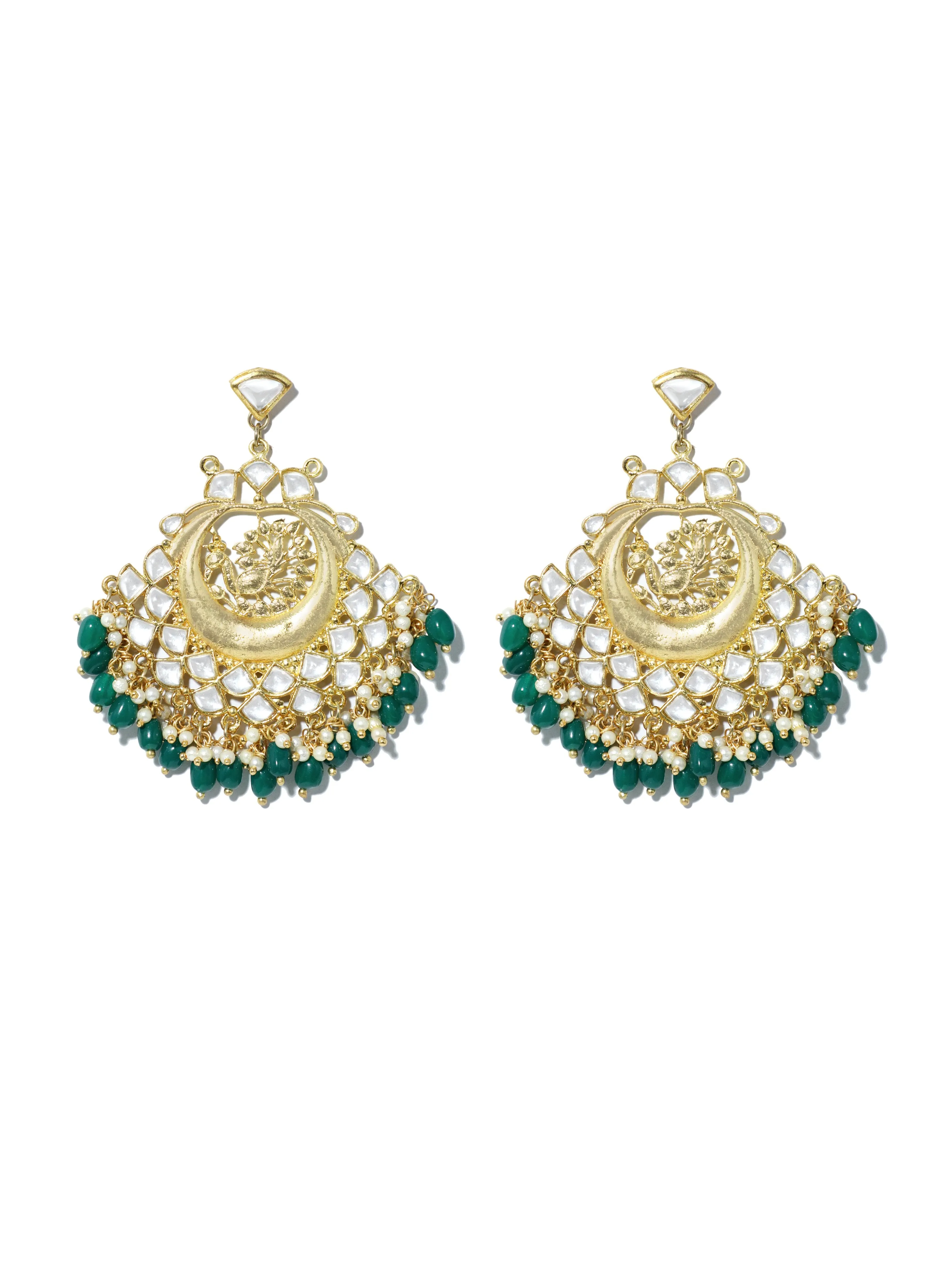 Gold Plated Peacock Design Green Beads Chandbali Earrings