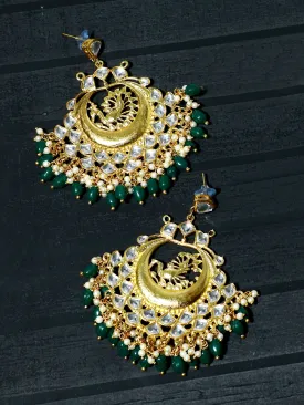 Gold Plated Peacock Design Green Beads Chandbali Earrings