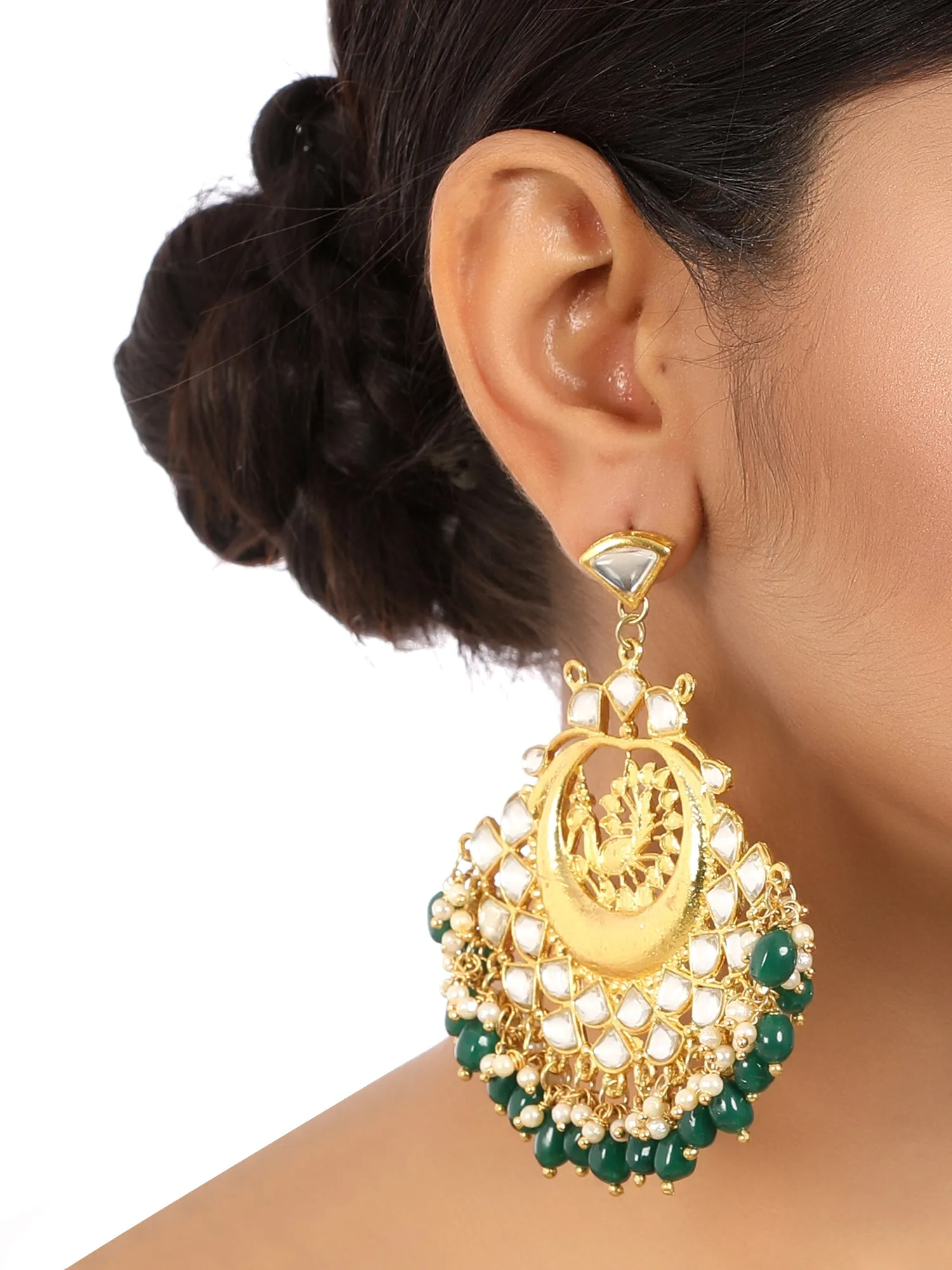 Gold Plated Peacock Design Green Beads Chandbali Earrings