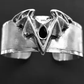 Large Gothic Cuff bangle Bat Design With Black Teardrop, Solid Silver