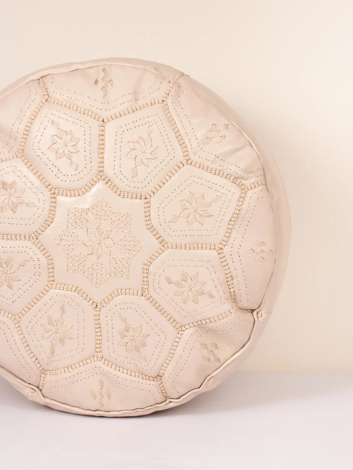 Moroccan Leather Tile Pouffe, Chalk