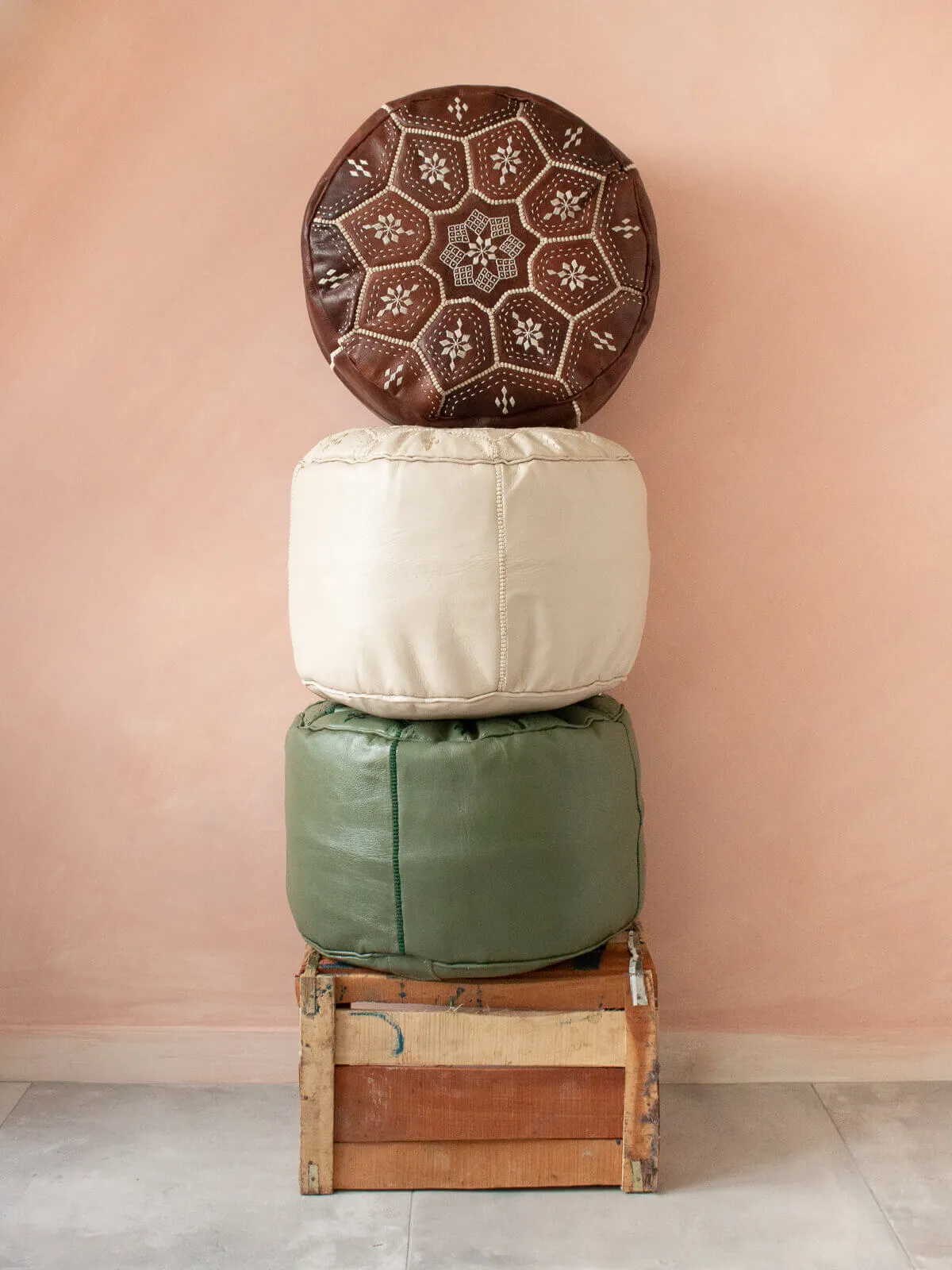 Moroccan Leather Tile Pouffe, Chalk