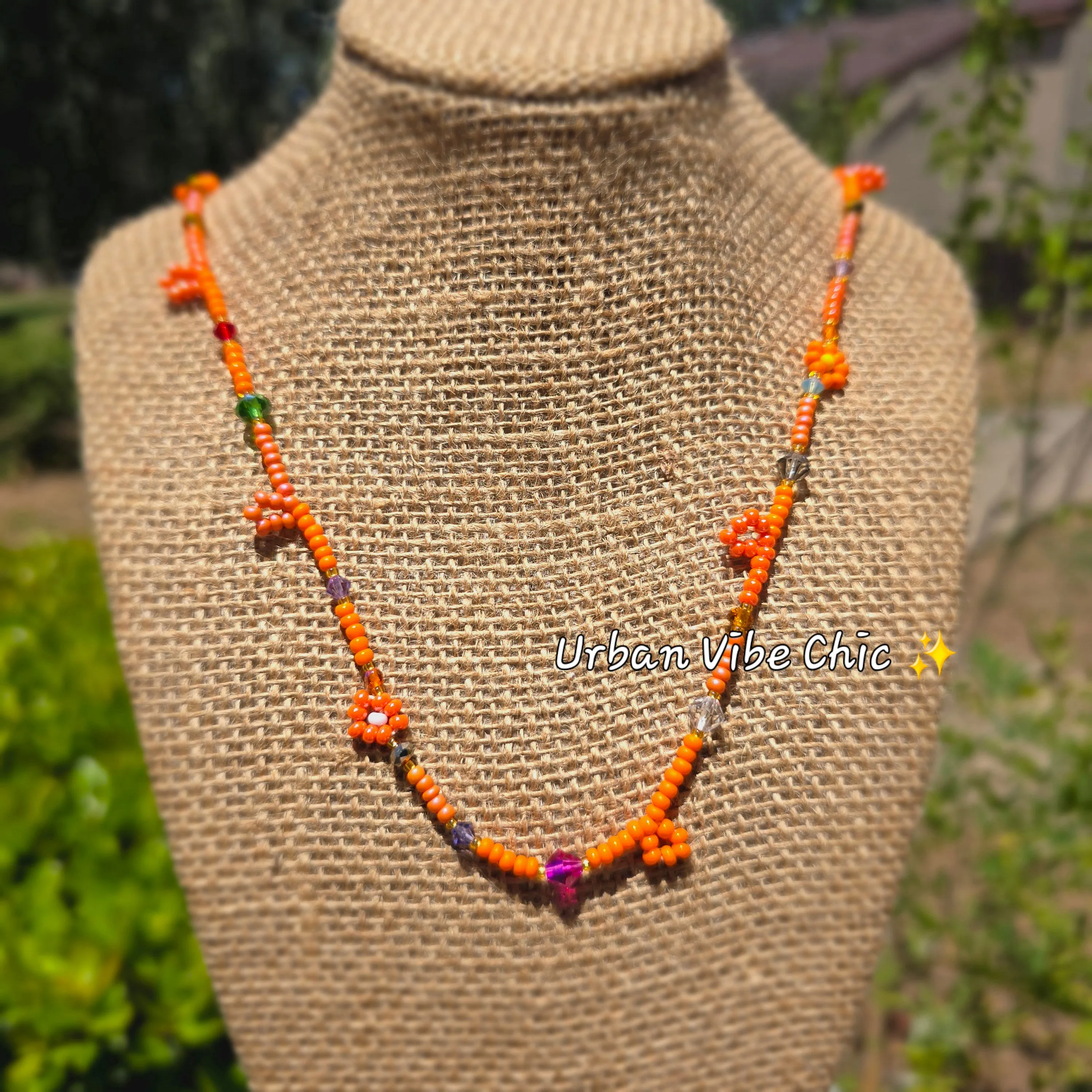 Orange Dream Daisy Beaded Necklace |Flower Bead Bead Necklace | Urban Vibe Chic | Seed Bead Jewelry